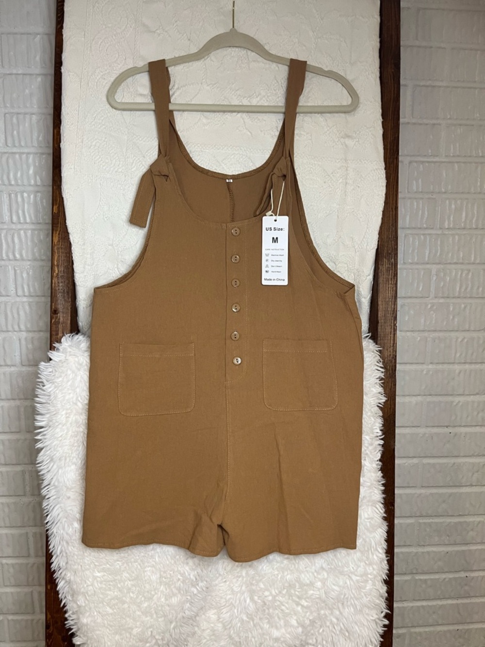 Boho Brown Summer Button Up Short Women’s Medium Overalls with Tie Straps